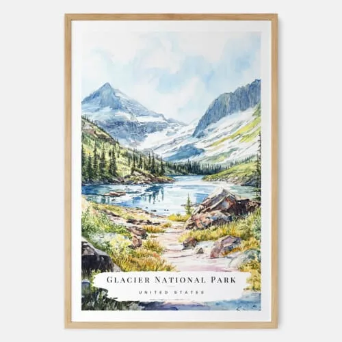 Glacier National Park Watercolor Art Print - Main - Wood Frame