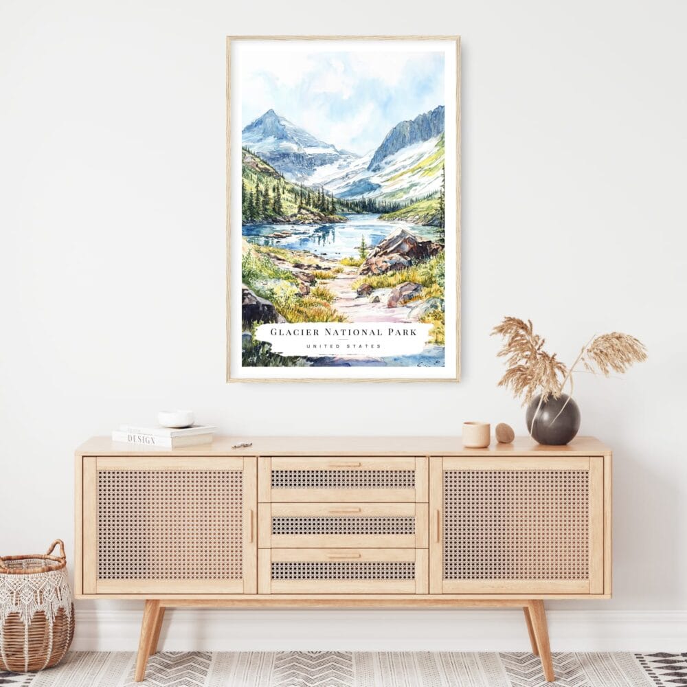 Glacier National Park Watercolor Art Print - Shelf - Portrait Glacier National Park Watercolor Art Print - Shelf - Portrait
