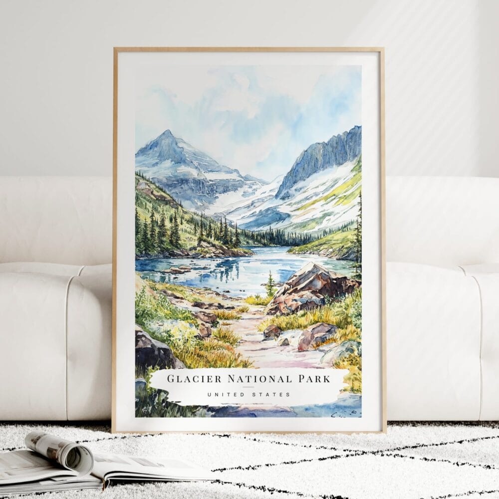Glacier National Park Watercolor Art Print - Wood Frame standing on Floor Glacier National Park Watercolor Art Print - Wood Frame standing on Floor