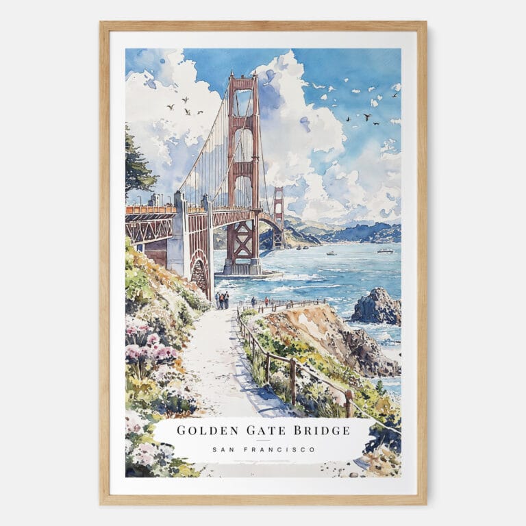 Golden Gate Bridge Watercolor Art Print - Main - Wood Frame