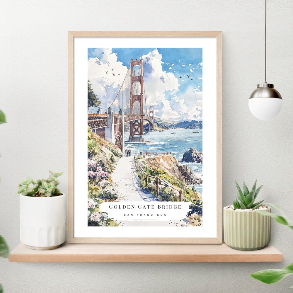 Golden Gate Bridge Watercolor Art Print on shelf Golden Gate Bridge Watercolor Art Print on shelf