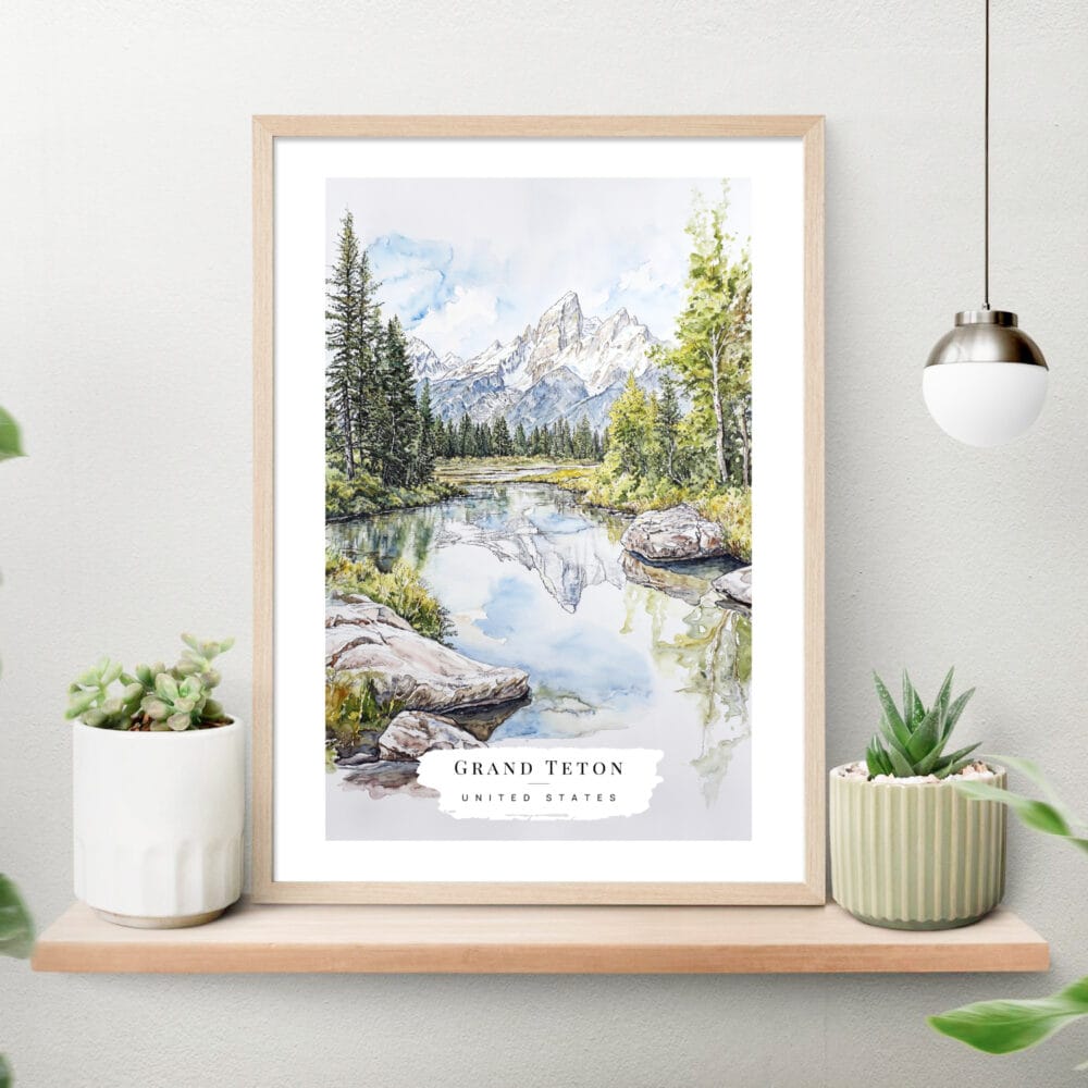 Grand Teton National Park Watercolor Art Print on shelf Grand Teton National Park Watercolor Art Print on shelf