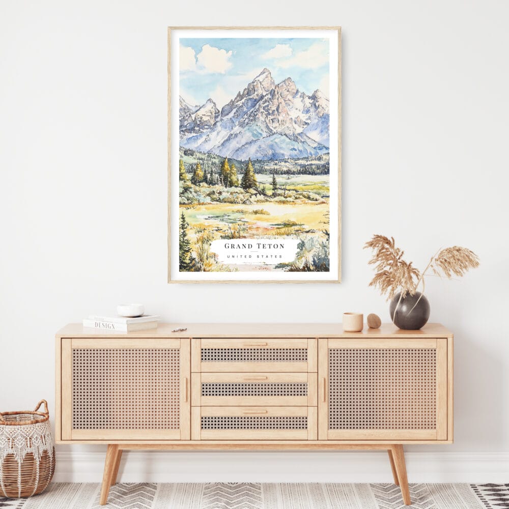Grand Teton Watercolor Art Print - Shelf - Portrait Grand Teton Watercolor Art Print - Shelf - Portrait