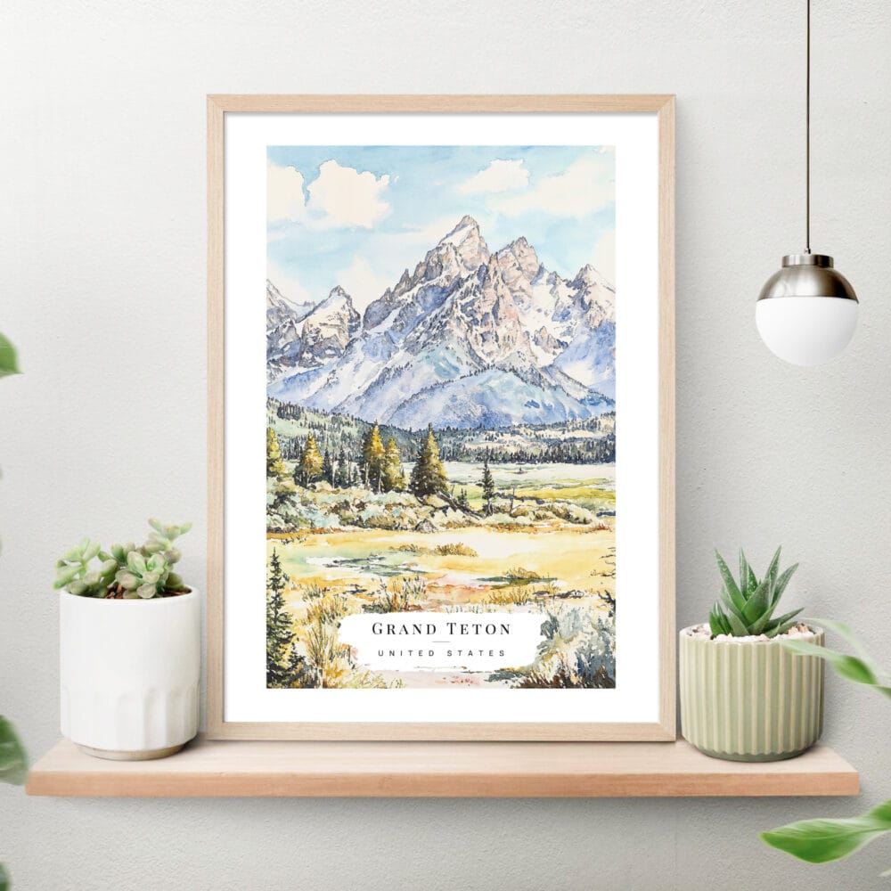 Grand Teton Watercolor Art Print on shelf Grand Teton Watercolor Art Print on shelf