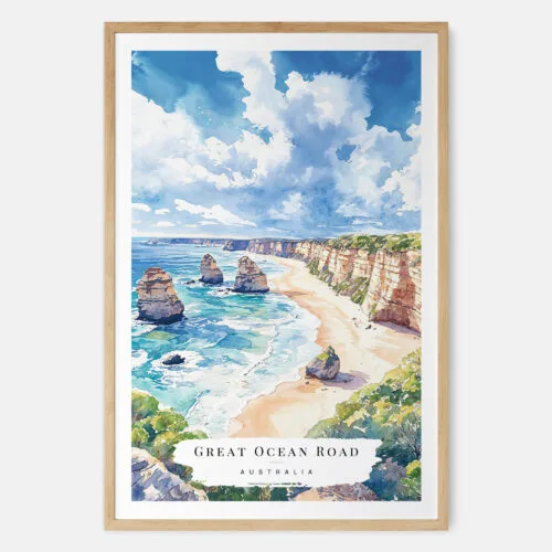 Great Ocean Road Australia Watercolor Art Print - Main - Wood Frame