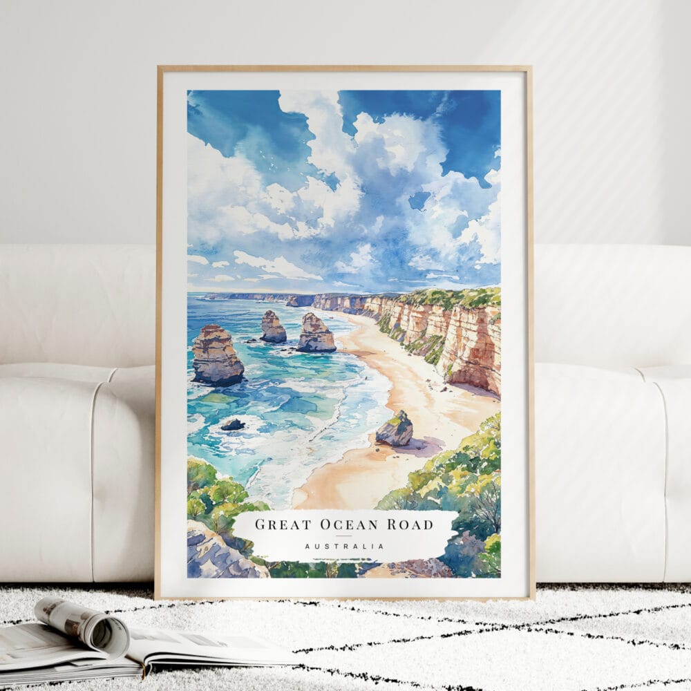 Great Ocean Road Australia Watercolor Art Print - Wood Frame standing on Floor Great Ocean Road Australia Watercolor Art Print - Wood Frame standing on Floor