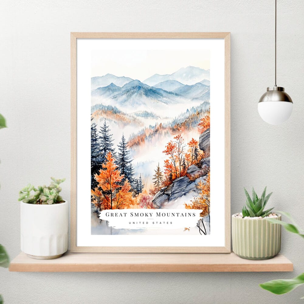 Great Smokey Mountains Watercolor Art Print on shelf Great Smokey Mountains Watercolor Art Print on shelf