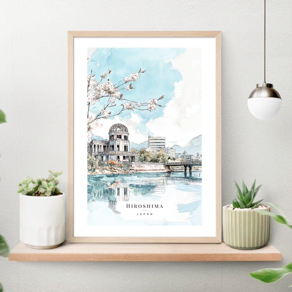 Hiroshima Watercolor Art Print on shelf Hiroshima Watercolor Art Print on shelf