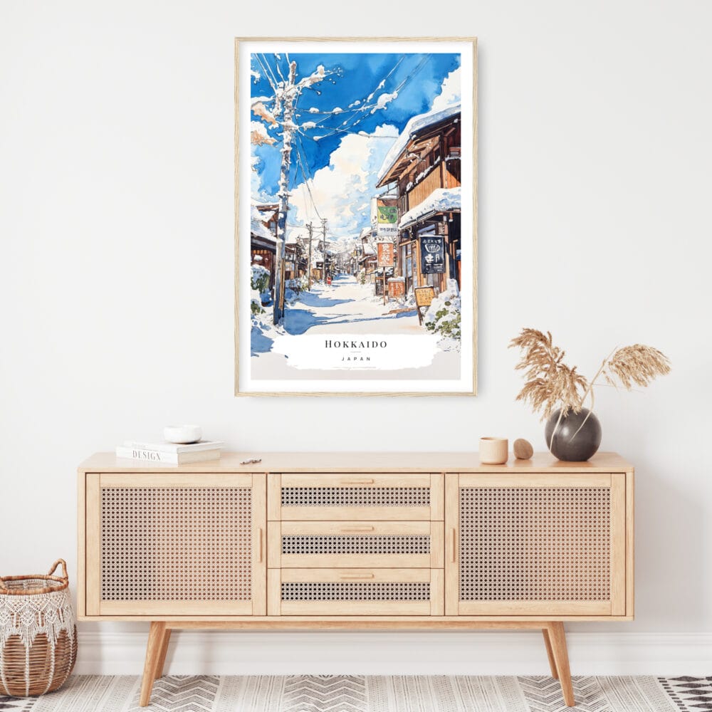 Hokkaido Village Watercolor Art Print - Shelf - Portrait Hokkaido Village Watercolor Art Print - Shelf - Portrait