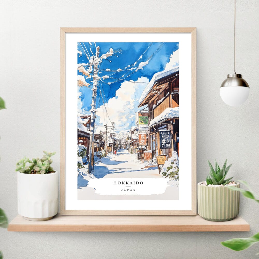 Hokkaido Village Watercolor Art Print on shelf Hokkaido Village Watercolor Art Print on shelf