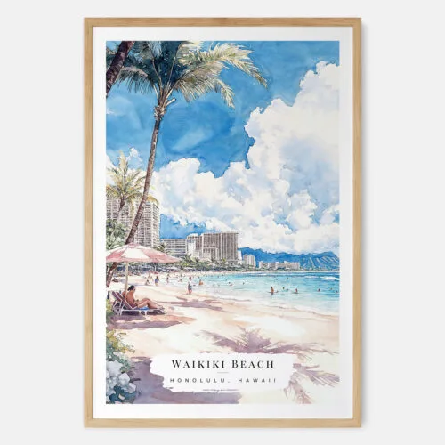 Honolulu Waikiki Beach Watercolor Art Print - Main - Wood Frame