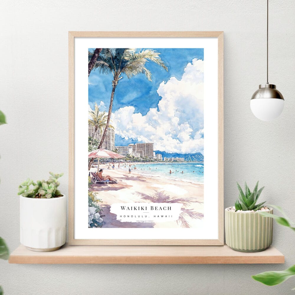Honolulu Waikiki Beach Watercolor Art Print on shelf Honolulu Waikiki Beach Watercolor Art Print on shelf
