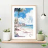 Honolulu Waikiki Beach Watercolor Art Print on shelf