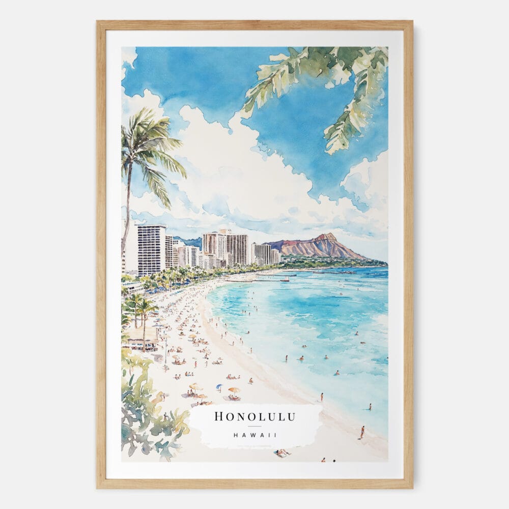 Honolulu Watercolor Art Print - Main - Wood Frame