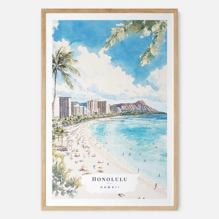 Honolulu Watercolor Art Print - Main - Wood Frame