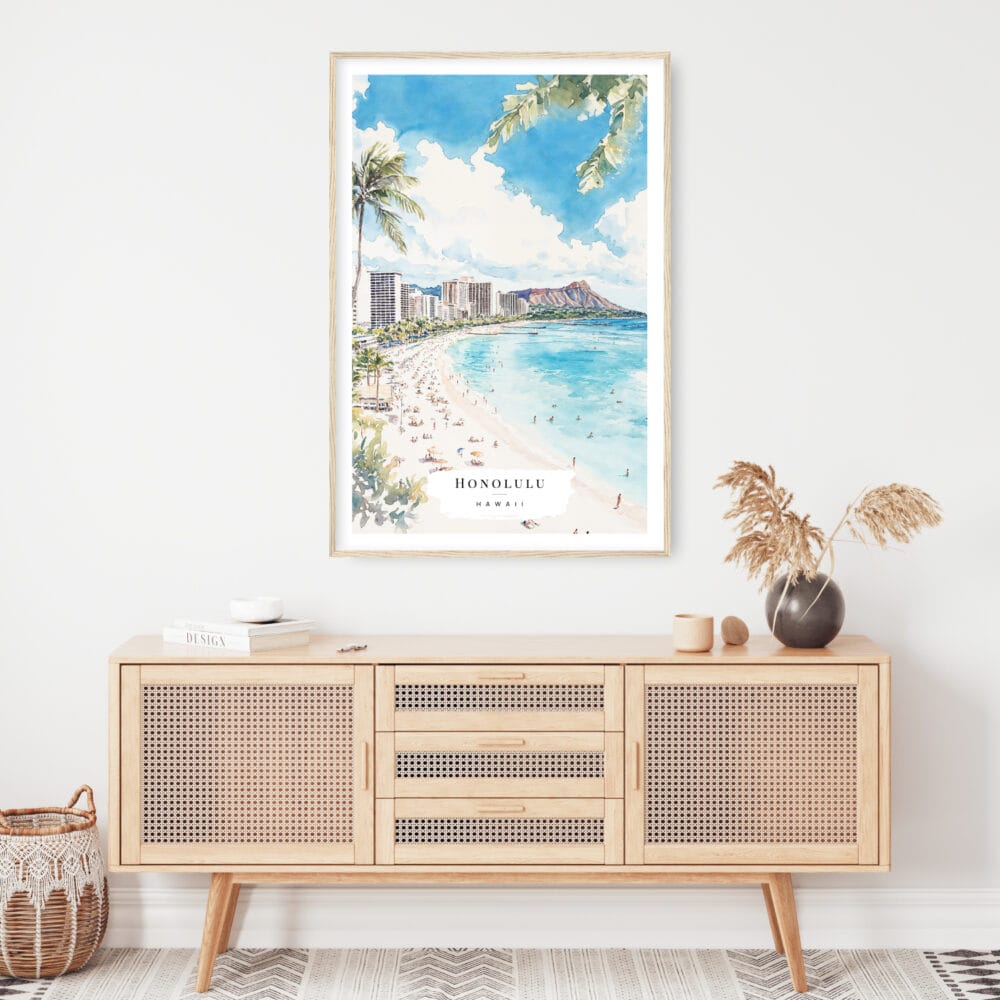 Honolulu Watercolor Art Print - Shelf - Portrait Honolulu Watercolor Art Print - Shelf - Portrait