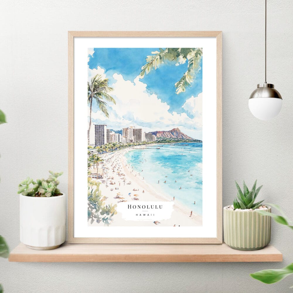 Honolulu Watercolor Art Print on shelf Honolulu Watercolor Art Print on shelf