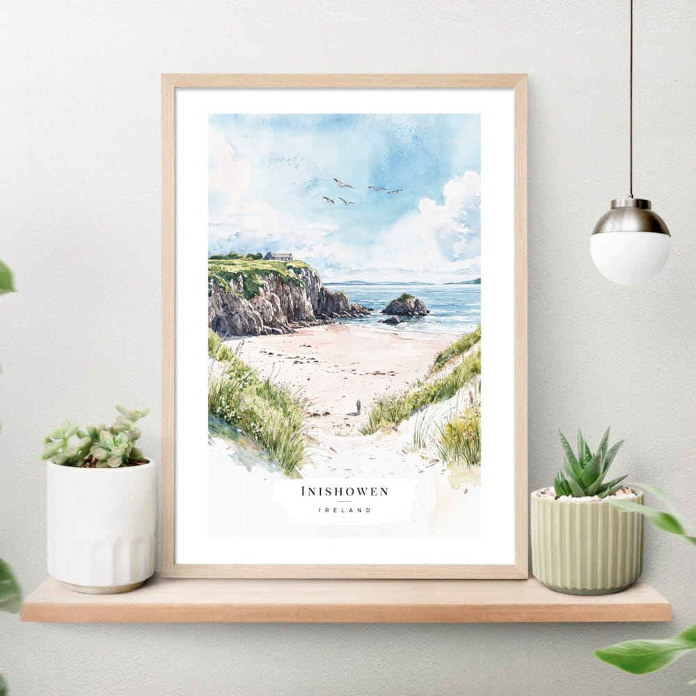 Inishowen Ireland Watercolor Art Print on shelf Inishowen Ireland Watercolor Art Print on shelf