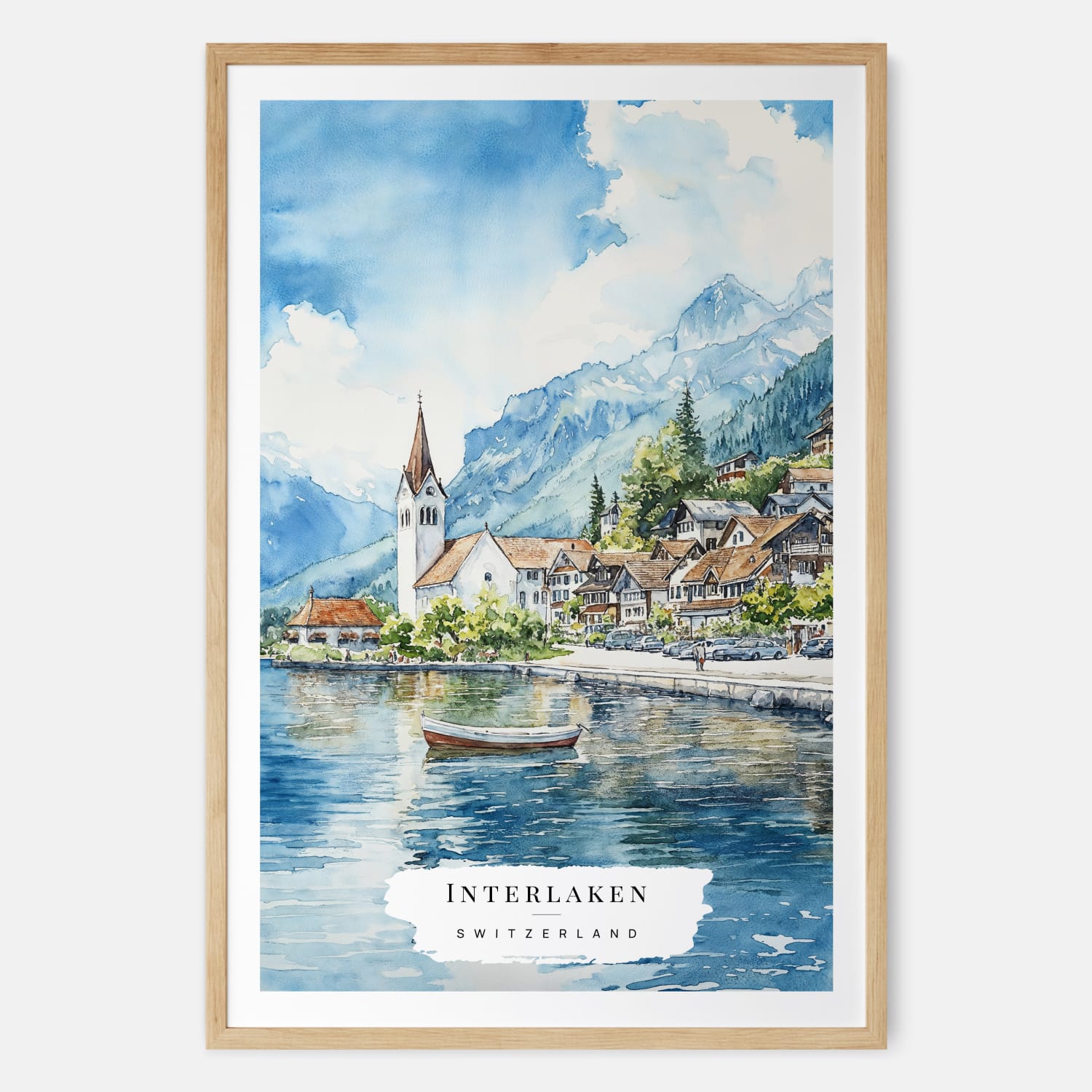 Interlaken Watercolor Print –  Serene Swiss Lakeside Art Print