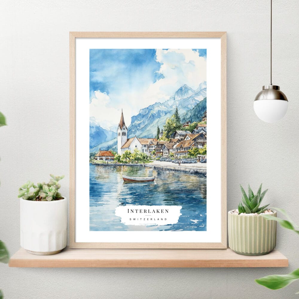 Interlaken Watercolor Art Print on shelf Interlaken Watercolor Art Print on shelf
