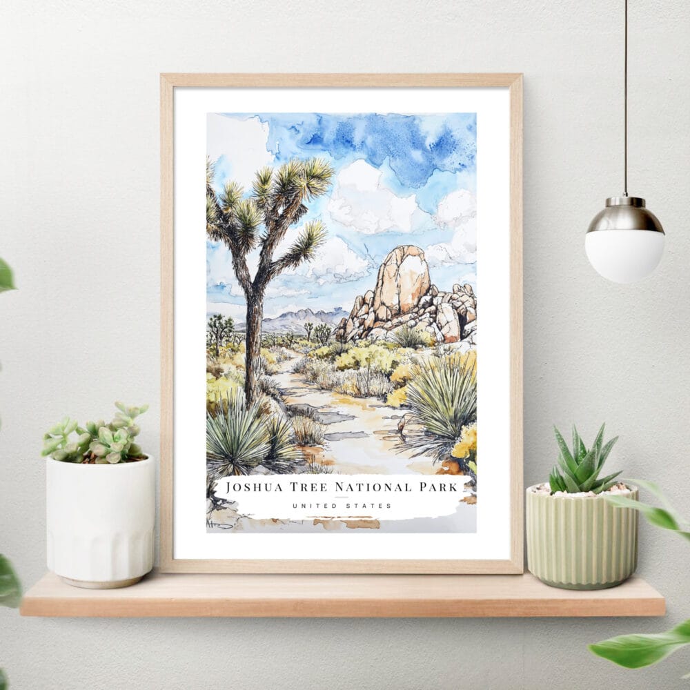 Joshua Tree National Park Watercolor Art Print on shelf Joshua Tree National Park Watercolor Art Print on shelf
