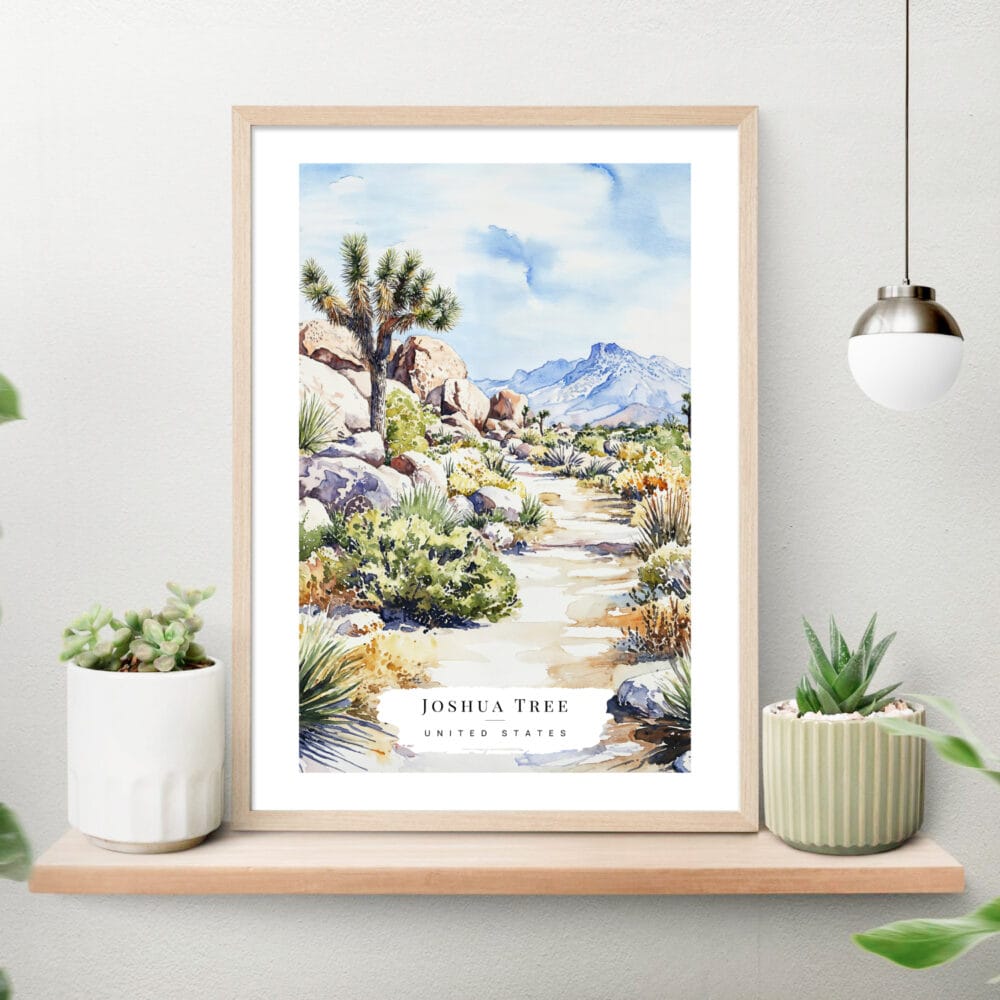 Joshua Tree Watercolor Art Print on shelf Joshua Tree Watercolor Art Print on shelf
