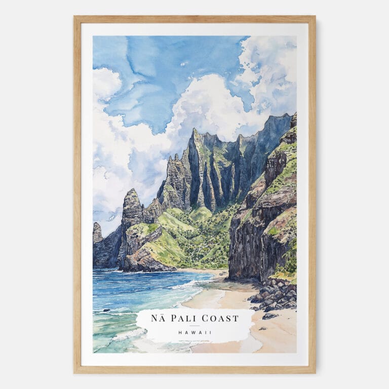 Kauai Na Pali Coast Watercolor Art Print - Main - Wood Frame