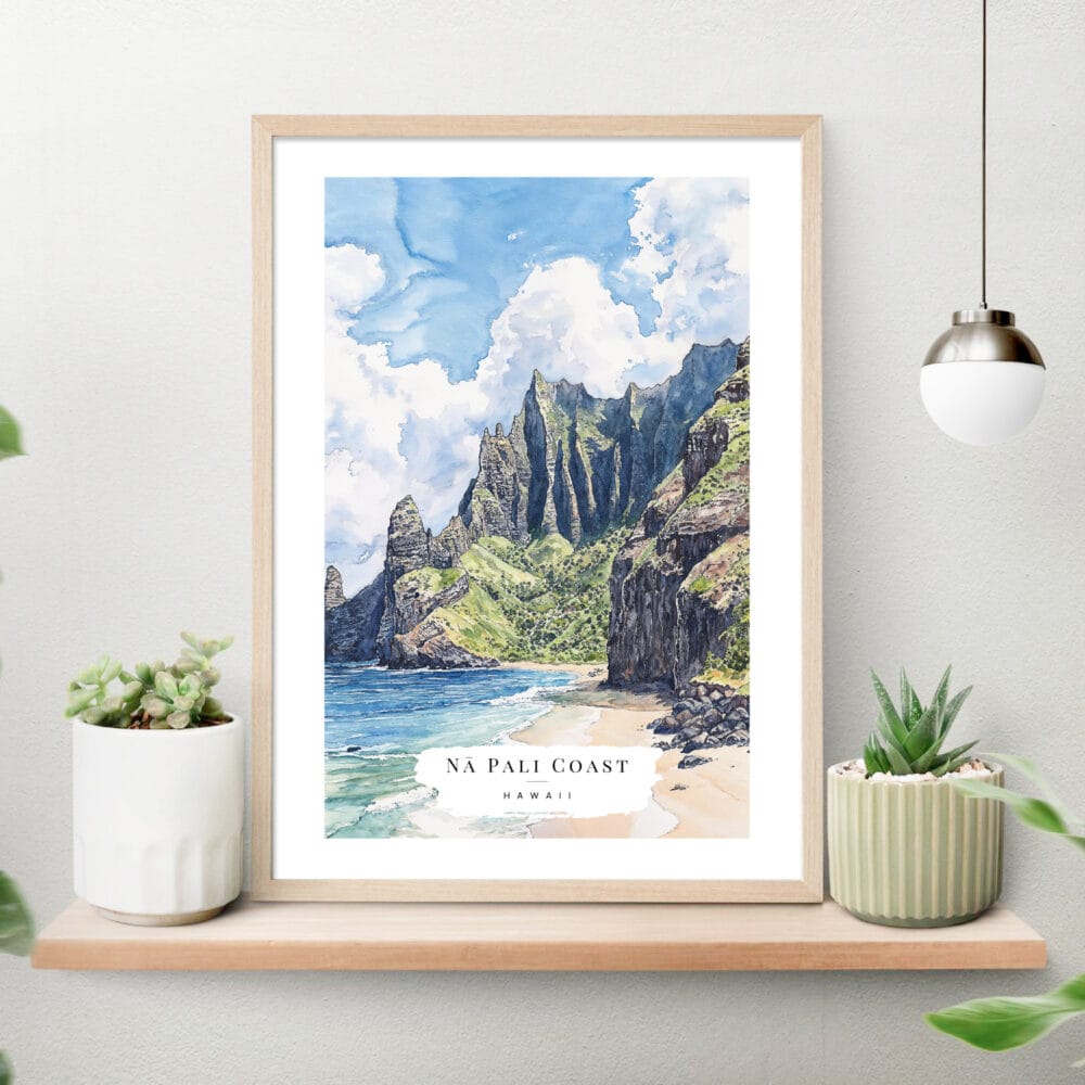 Kauai Na Pali Coast Watercolor Art Print on shelf Kauai Na Pali Coast Watercolor Art Print on shelf
