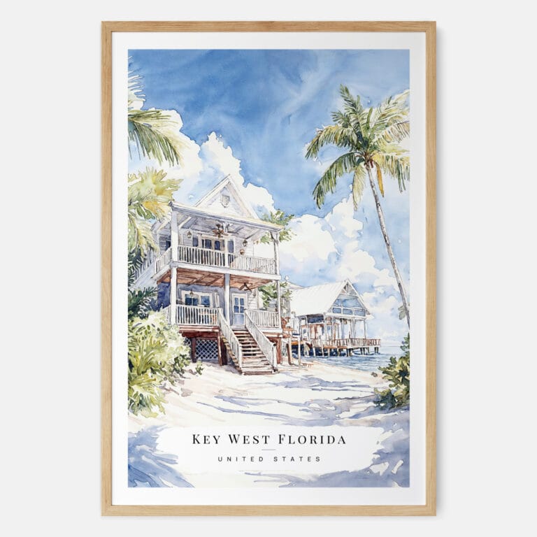 Key West Beach House Watercolor Art Print - Main - Wood Frame
