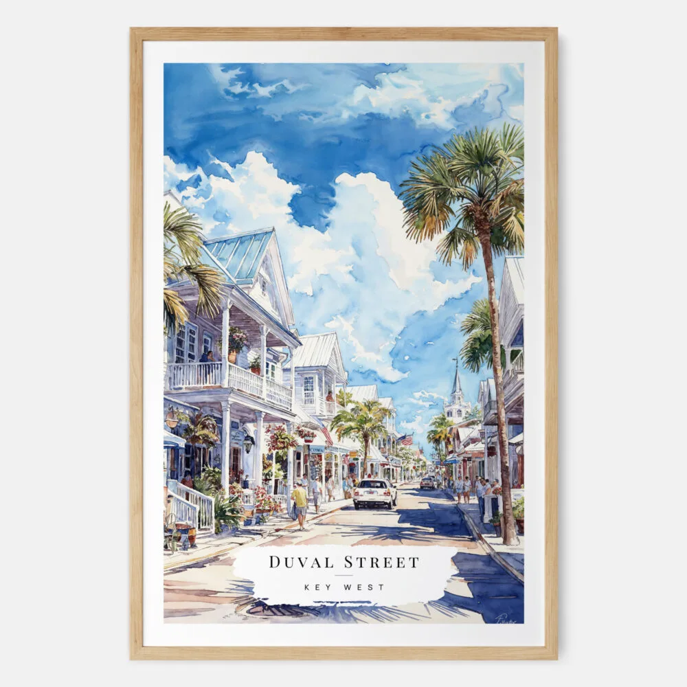 Key West Duval Street Watercolor Art Print - Main - Wood Frame Key West Duval Street Watercolor Art Print - Main - Wood Frame