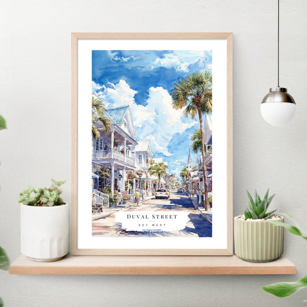 Key West Duval Street Watercolor Art Print on shelf Key West Duval Street Watercolor Art Print on shelf
