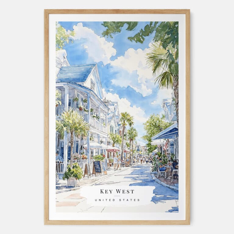 Key West Florida Watercolor Art Print - Main - Wood Frame