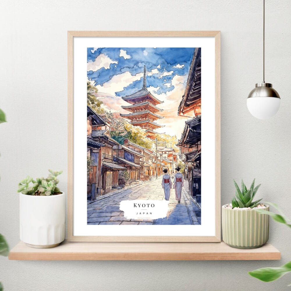 Kyoto Japan Watercolor Art Print on shelf Kyoto Japan Watercolor Art Print on shelf