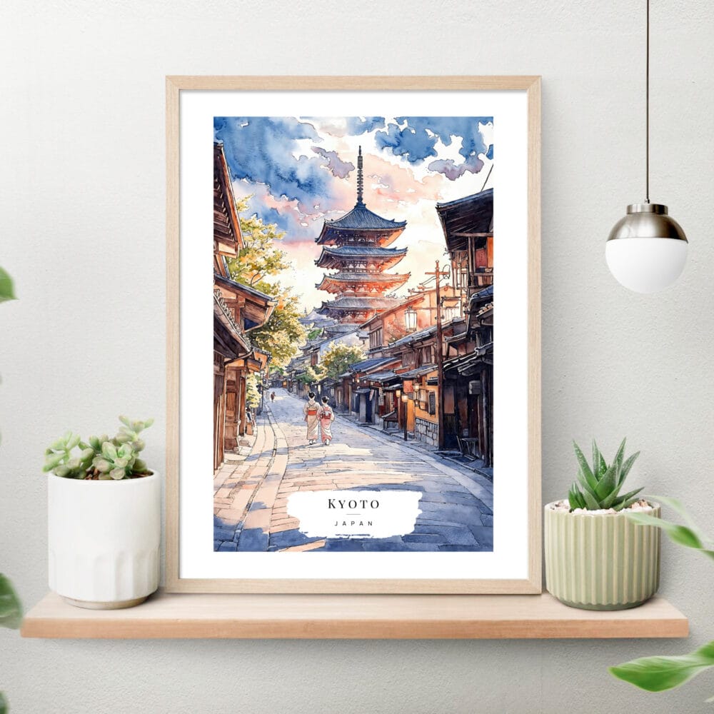 Kyoto Yasaka Pagoda Watercolor Art Print on shelf Kyoto Yasaka Pagoda Watercolor Art Print on shelf