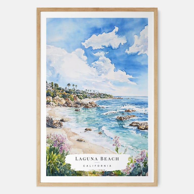 Laguna Beach Coast Watercolor Art Print - Main - Wood Frame