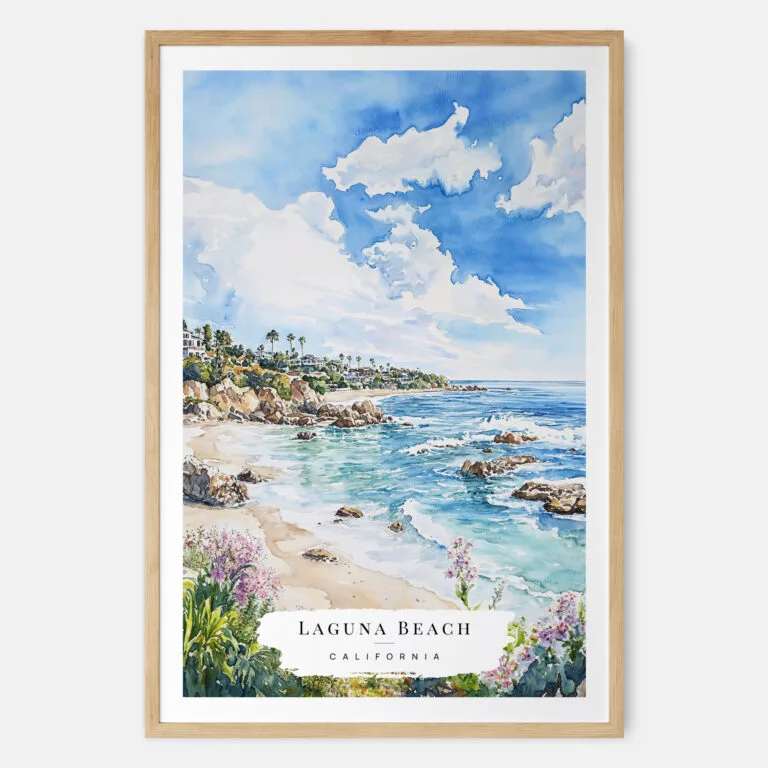 Laguna Beach Coast Watercolor Art Print - Main - Wood Frame