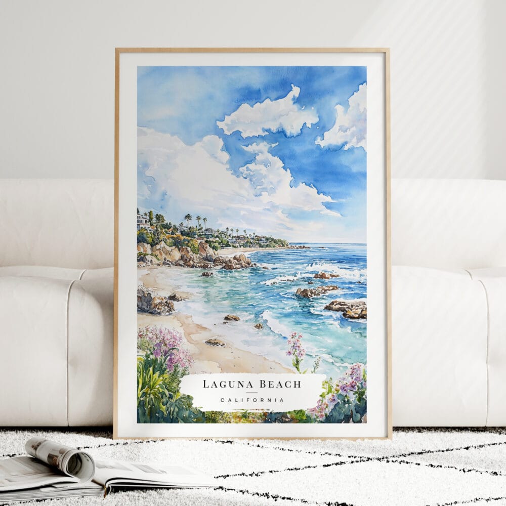 Laguna Beach Coast Watercolor Art Print - Wood Frame standing on Floor Laguna Beach Coast Watercolor Art Print - Wood Frame standing on Floor