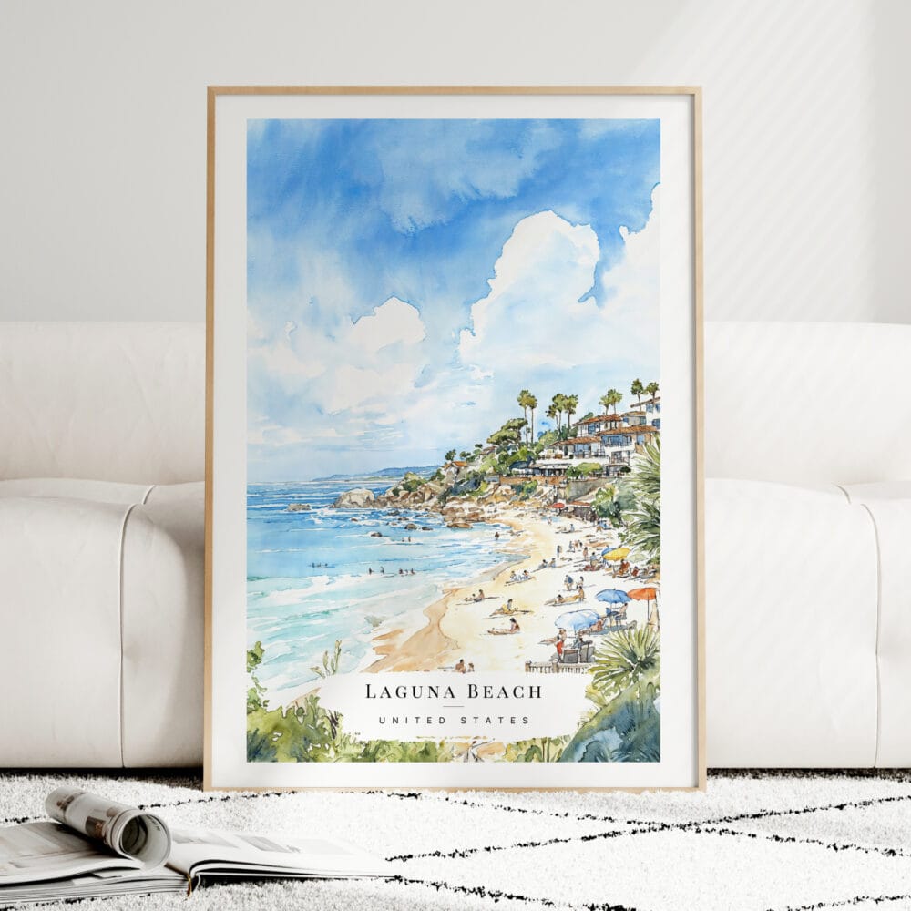 Laguna Beach Watercolor Art Print - Wood Frame standing on Floor Laguna Beach Watercolor Art Print - Wood Frame standing on Floor