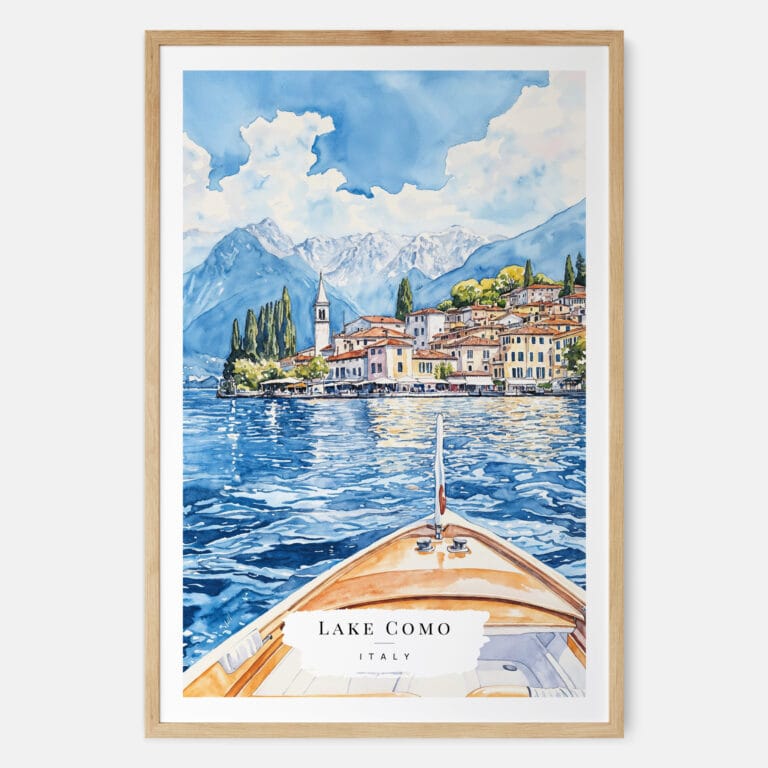 Lake Como View from Boat Watercolor Art Print - Main - Wood Frame