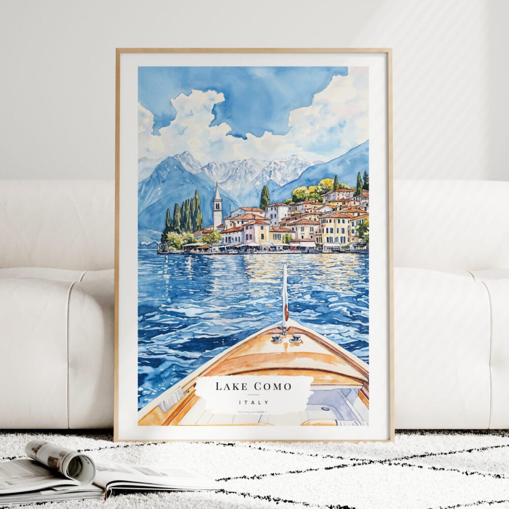 Lake Como View from Boat Watercolor Art Print - Wood Frame standing on Floor Lake Como View from Boat Watercolor Art Print - Wood Frame standing on Floor