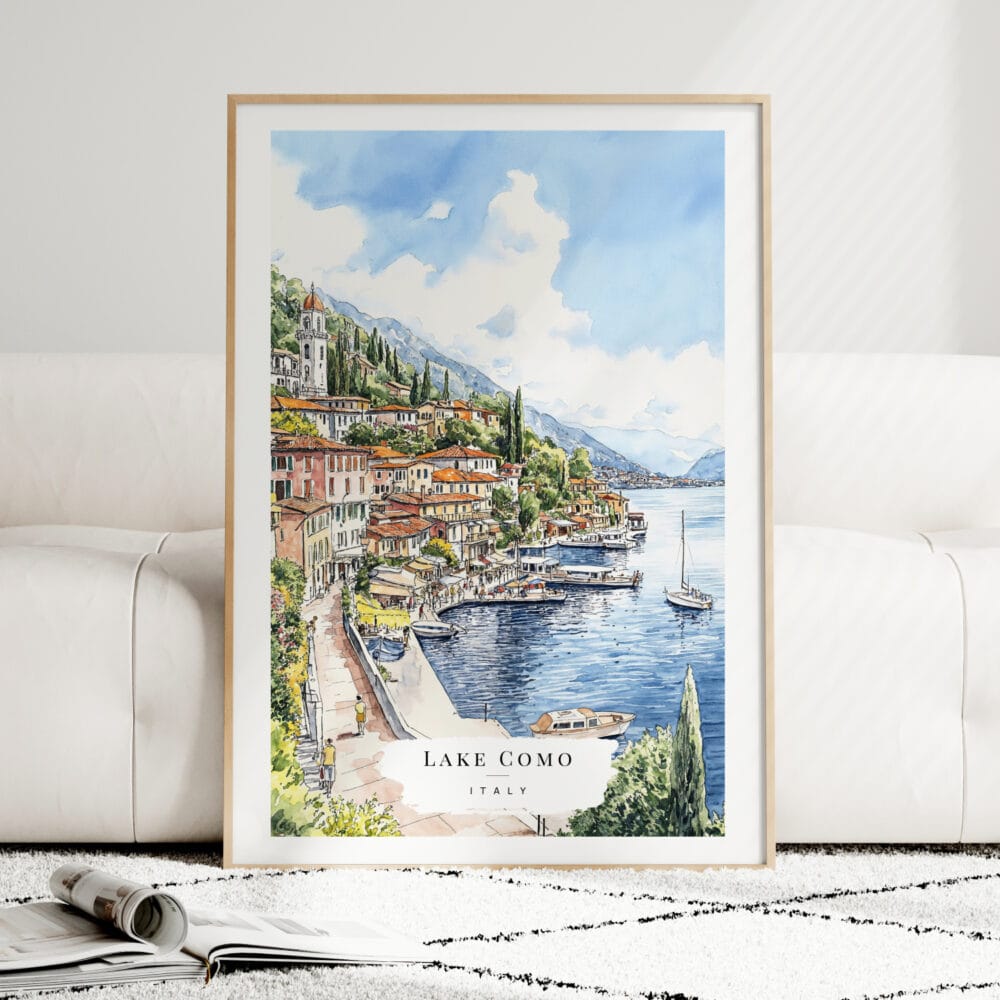Lake Como Watercolor Art Print - Wood Frame standing on Floor Lake Como Watercolor Art Print - Wood Frame standing on Floor