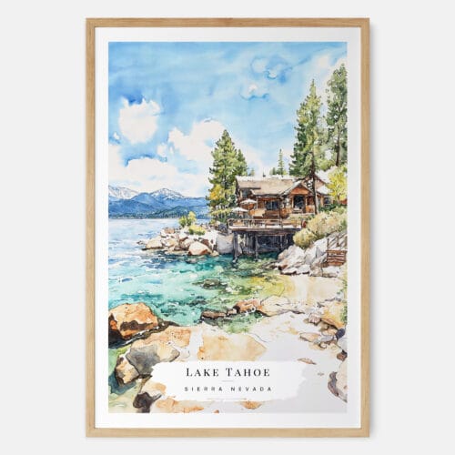 Lake Tahoe Cabin Watercolor Art Print - Main - Wood Frame