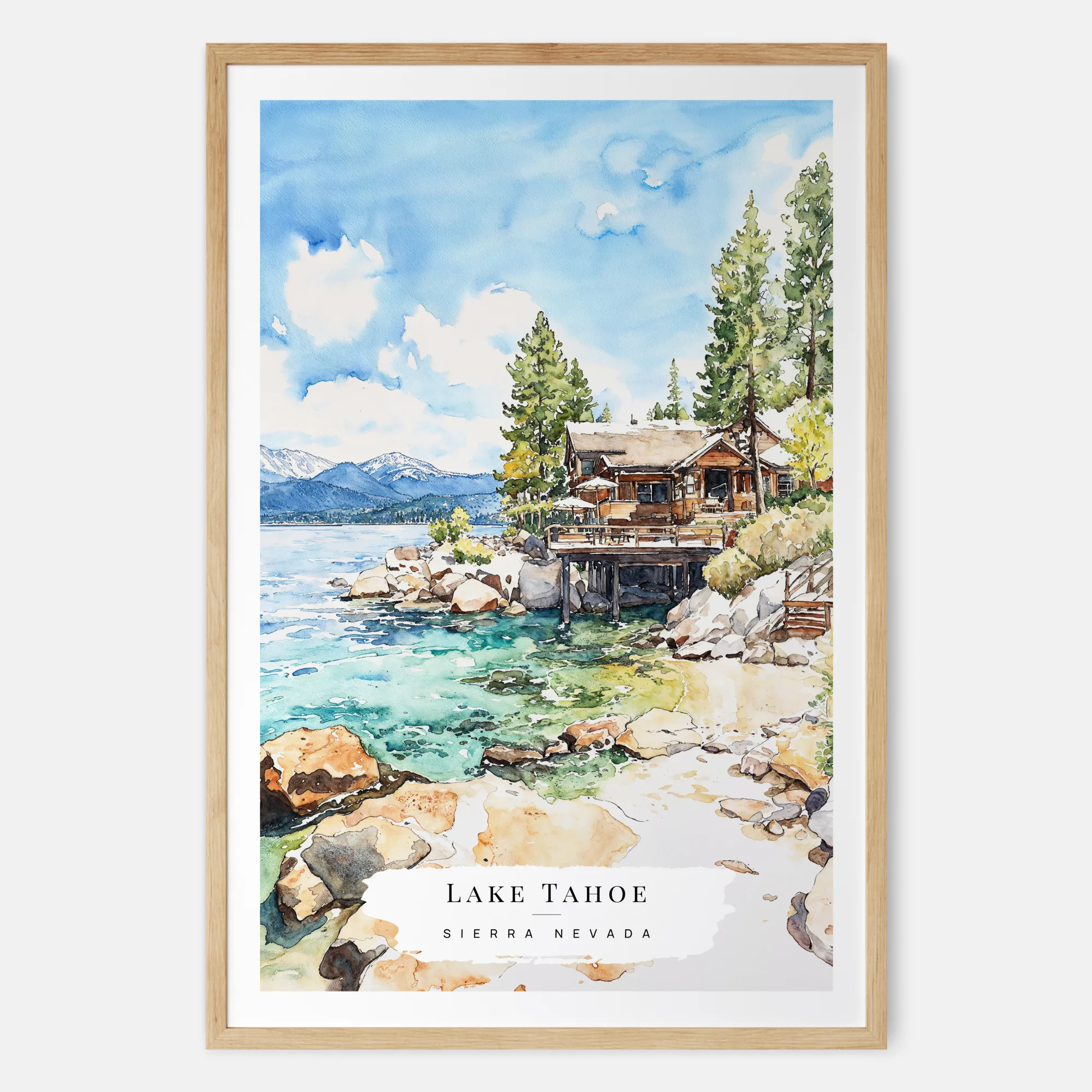 Lake Tahoe Watercolor Print - Cozy Lakeside Cabin Art Print