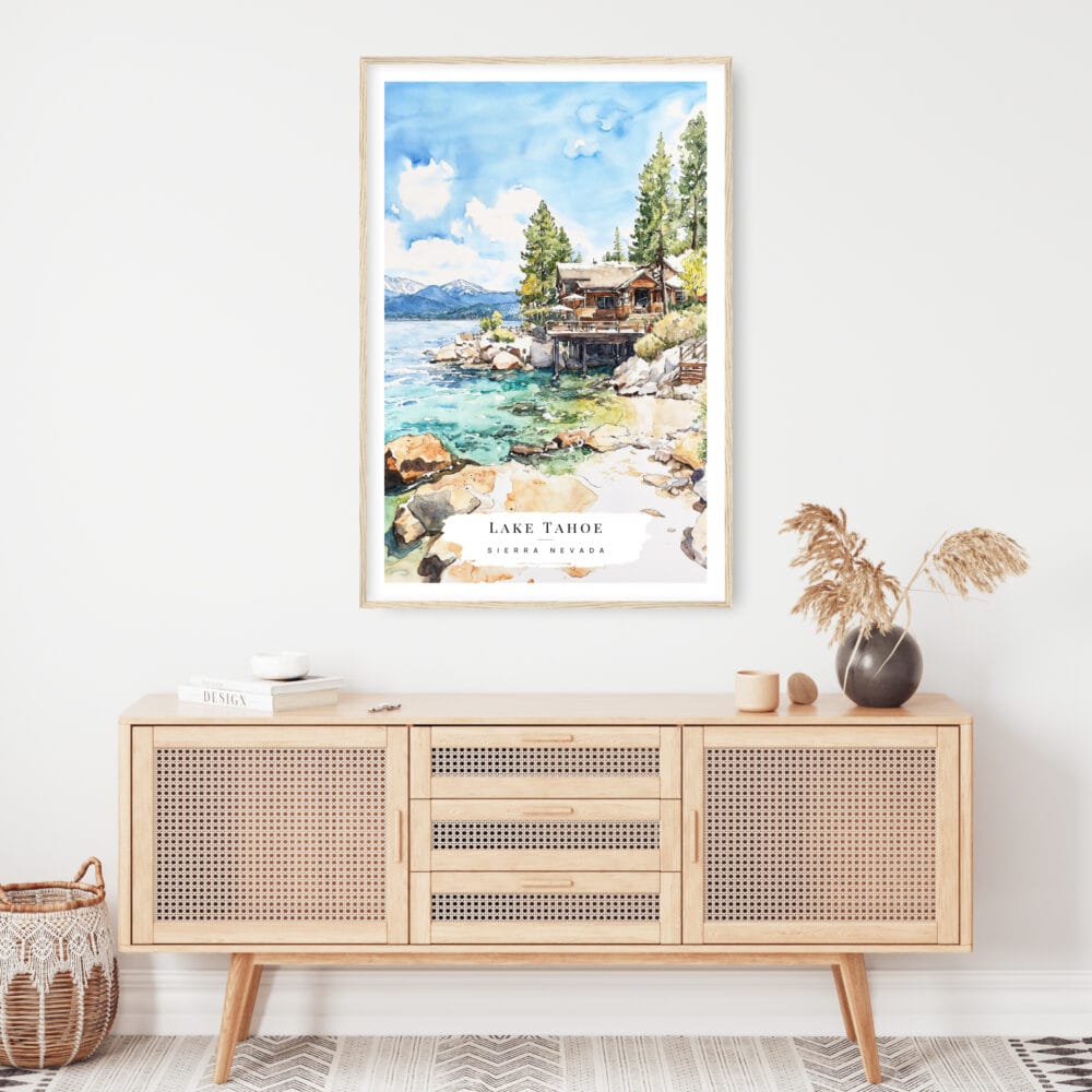 Lake Tahoe Cabin Watercolor Art Print - Shelf - Portrait Lake Tahoe Cabin Watercolor Art Print - Shelf - Portrait