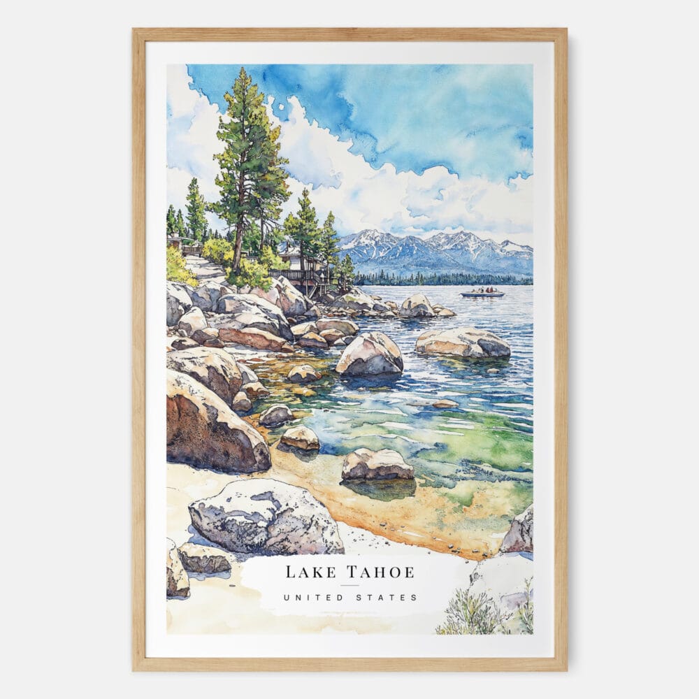 Lake Tahoe Watercolor Art Print - Main - Wood Frame