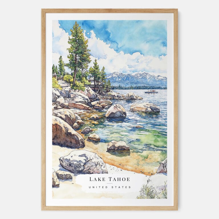 Lake Tahoe Watercolor Art Print - Main - Wood Frame