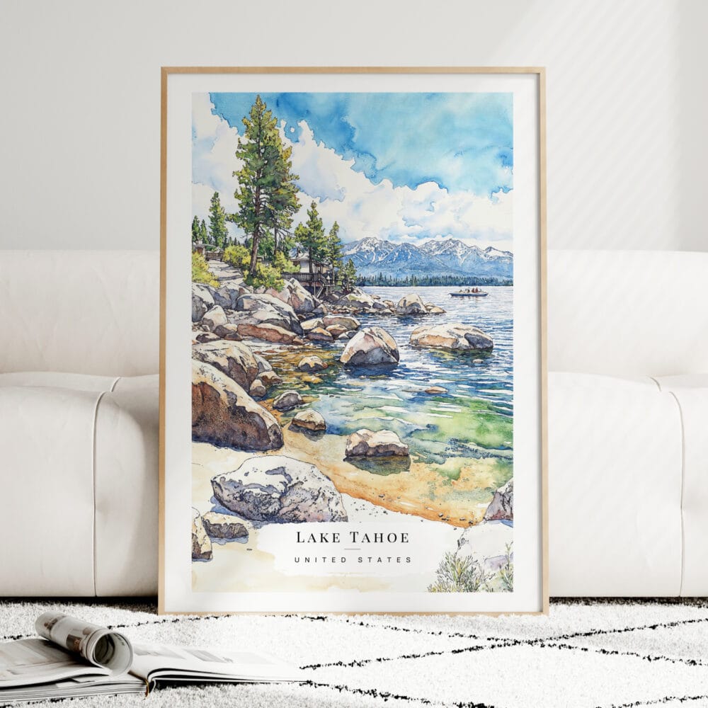 Lake Tahoe Watercolor Art Print - Wood Frame standing on Floor Lake Tahoe Watercolor Art Print - Wood Frame standing on Floor