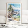 Lake Tahoe Watercolor Art Print - Wood Frame standing on Floor
