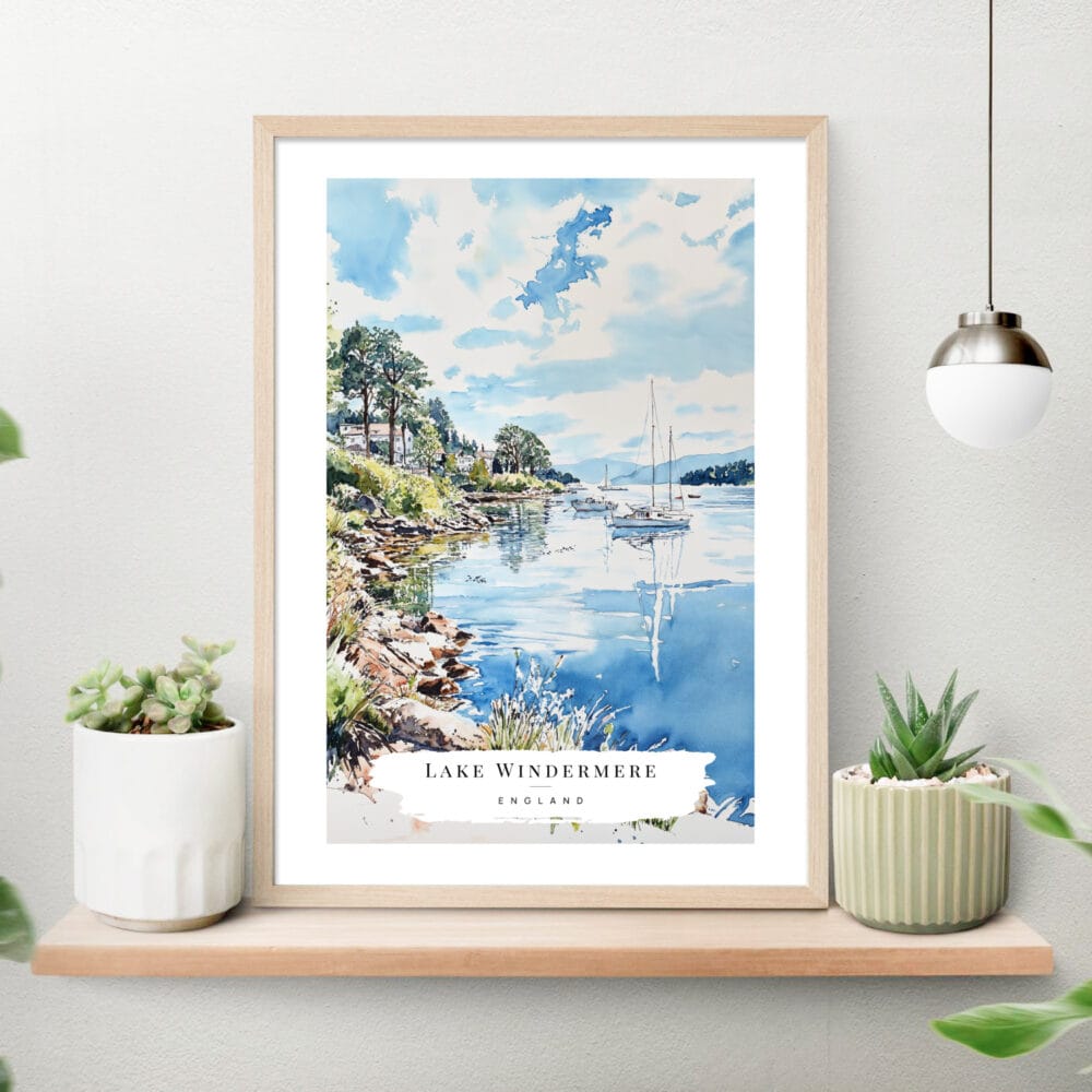 Lake Windermere Cumbria Watercolor Art Print on shelf Lake Windermere Cumbria Watercolor Art Print on shelf