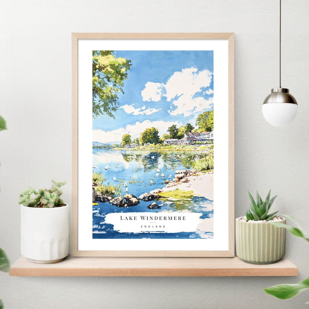 Lake Windermere Lake District Watercolor Art Print on shelf Lake Windermere Lake District Watercolor Art Print on shelf